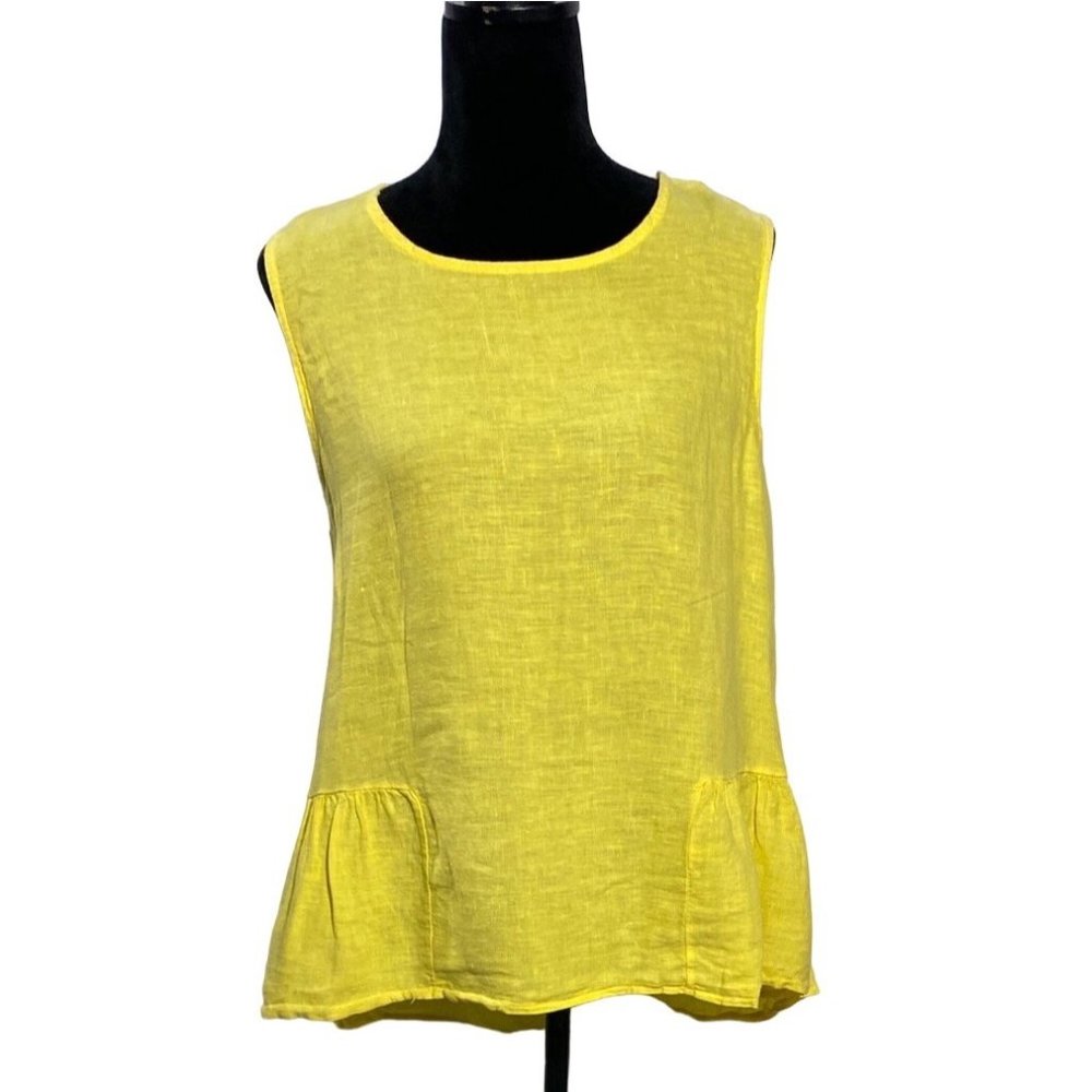 Francesca Bettini M Linen Tunic Top Italy High Low Lemon Yellow‎ Ruffle Hem Cute